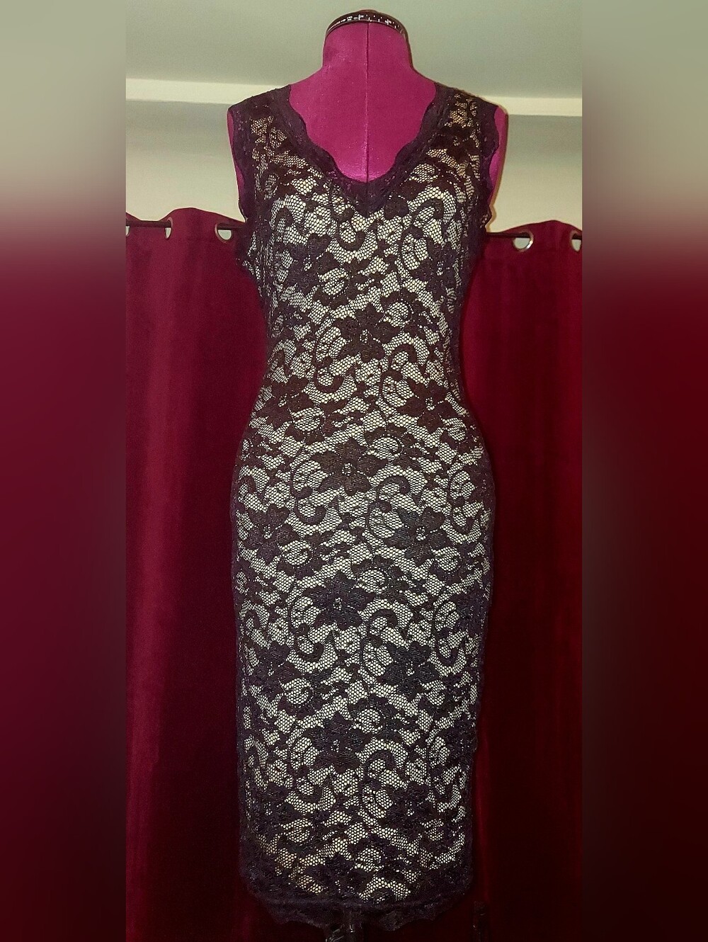 Liberty Love Black Lace Midi Illusion Dress with Nude Lining - Sz. M